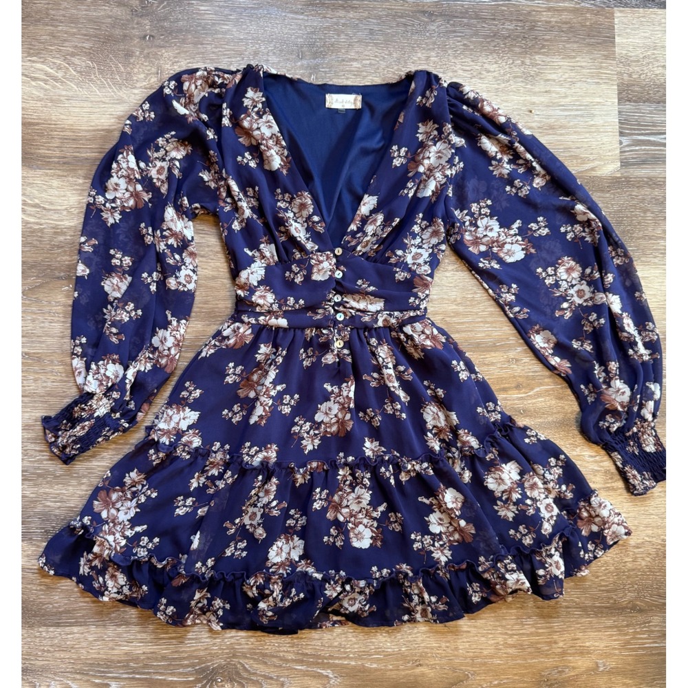Altar'd State Navy Floral V-Neck Mini Dress Long Sleeve Boho ID20652-09A XS